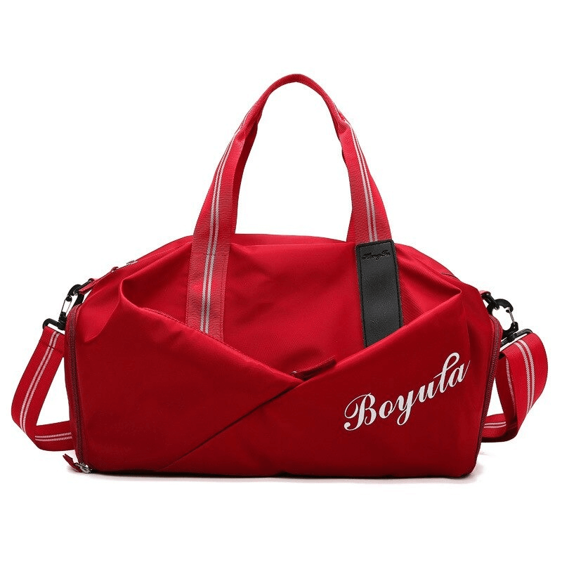Red waterproof crossbody gym bag for active women, with 20-35L capacity, durable nylon material, and specialized pockets for shoes and gear.